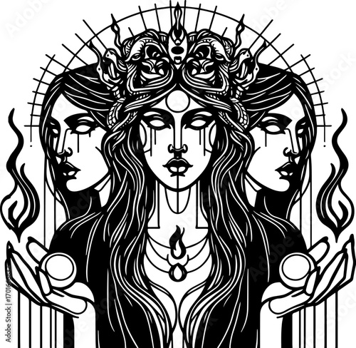 Female figure with three faces holding orbs and flames in black art  