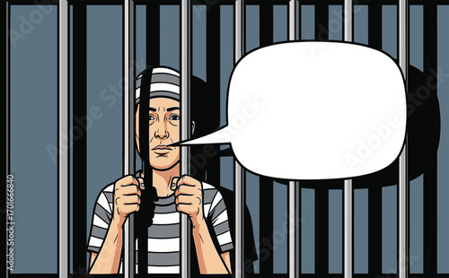 A Pensive Man in Prison Stripes Behind Bars with Speech Bubble