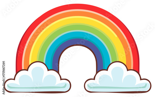 Cartoon rainbow with clouds illustration. Colorful weather symbol isolated.
