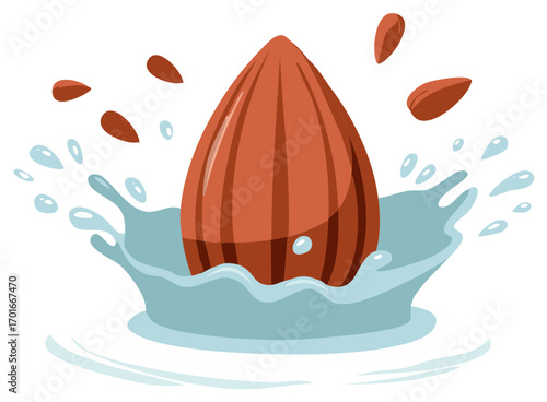 Fresh almond nut splashing in water with nuts scattered around organic snack food design