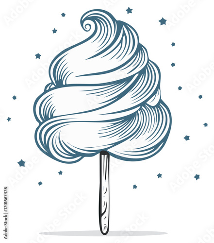 Vintage style line art drawing of sweet cotton candy on a stick surrounded by stars