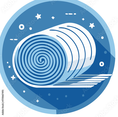 Rolled yoga mat inside blue circle with stars and dots in vector illustration