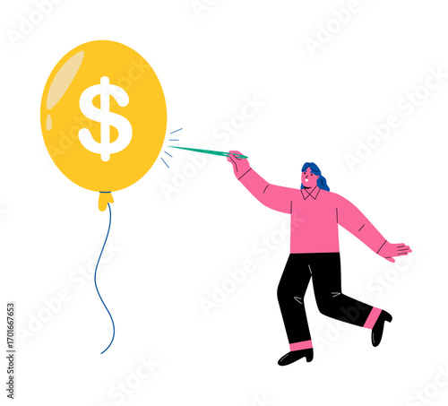 Business woman pushing needle to pop the big dollar sign balloon. Business concept. Flat vector illustration isolated on white background