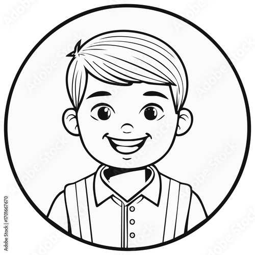 Cheerful cartoon boy with stylish hair and a smiling face enclosed in a circular frame