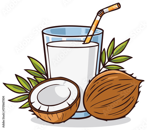Refreshing Coconut Drink with Straw in Glass Cup and Foliage, Whole and Half Coconuts