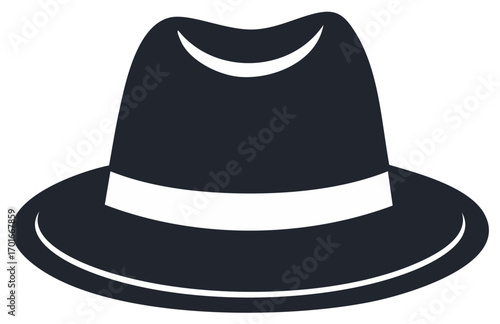 Silhouette of Black Fedora Hat with White Band in Graphic Flat Style