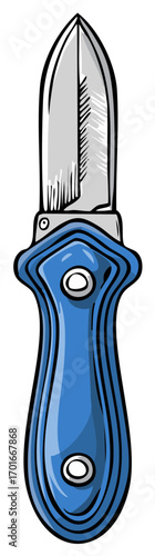 Illustration of a shucking knife with a silver blade and a blue handle used to open oyster shells