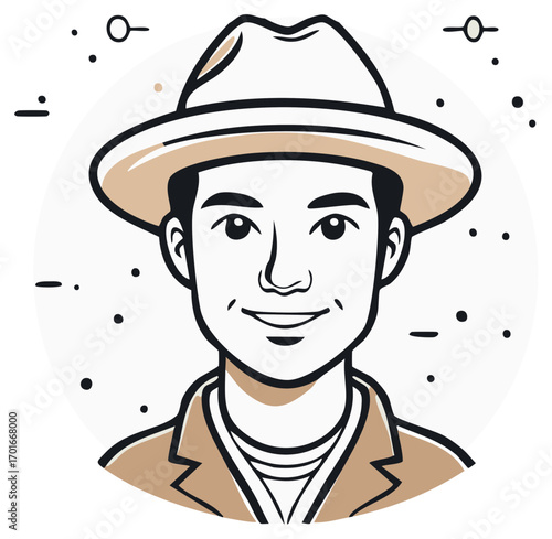 Illustrated smiling man wearing a stylish fedora hat and jacket with abstract background elements perfect for profile icons