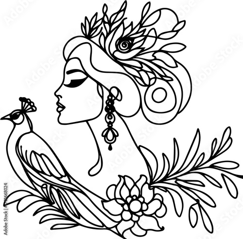 Elegant woman silhouette with peacock and flowers in line art  