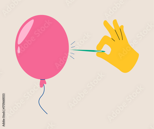 Hand with a needle pierces the balloon. Colorful vector illustration