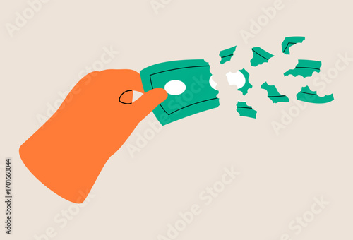 Hand holding large dollar banknotes while losing. Deflation and inflation Concept. Colorful vector illustration
