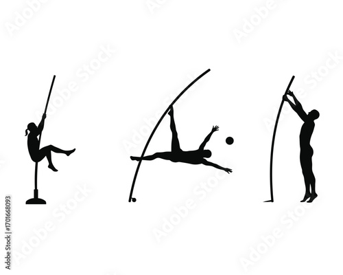 Dynamic silhouettes illustrating three stages of pole vaulting athletic performance and training