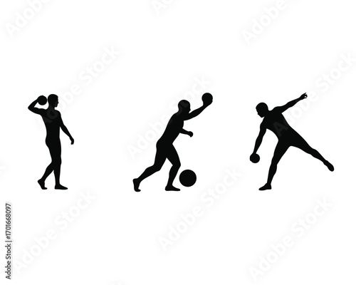 Three silhouettes of athletes in action throwing a ball during sports training and competition