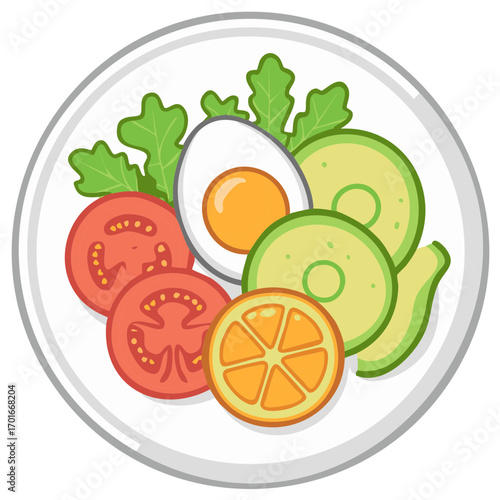 Healthy breakfast salad plate with boiled egg, avocado, and tomato vector illustration from top view