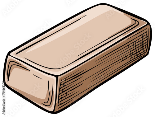 Hand drawn cartoon style illustration of a rectangular bar of brown soap