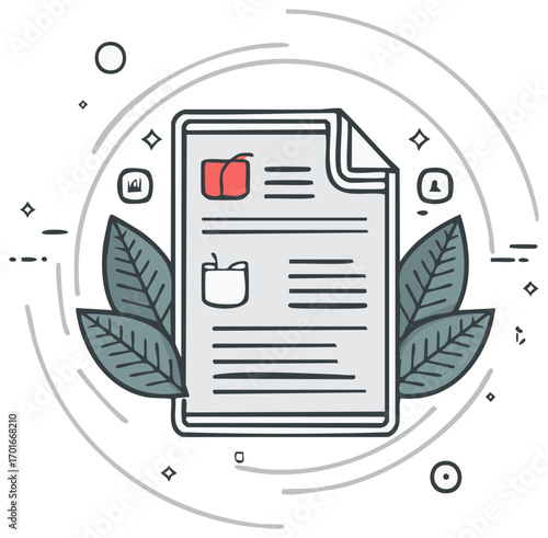 Hand drawn illustration of a webpage or blog post layout with natural leaf elements