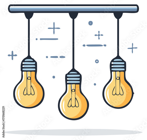 Three glowing light bulbs hanging from a bar in a minimalist line art illustration