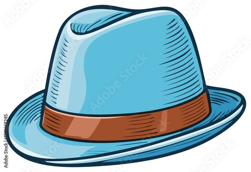 Illustration of a light blue fedora hat with a brown band and a white background
