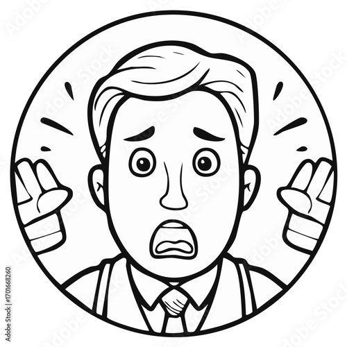 Man shocked by loud noise or startling event with hands up in fear