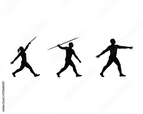 Silhouettes of three athletes in motion demonstrating the javelin throw technique from start to finish