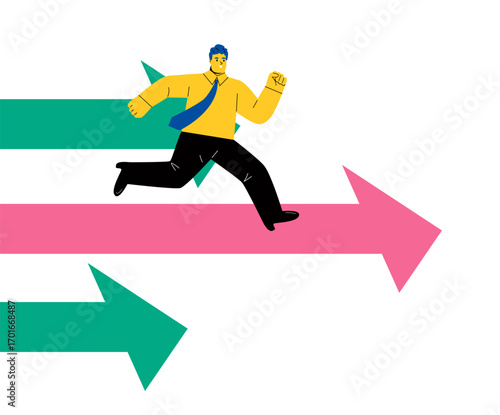 Road to success. Business man running along arrow. Flat vector illustration isolated on white background