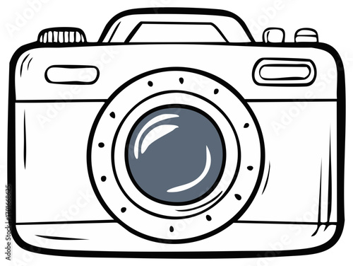 Stylized vintage film camera illustration with thick black outlines and a gray lens for photographic content and retro design elements