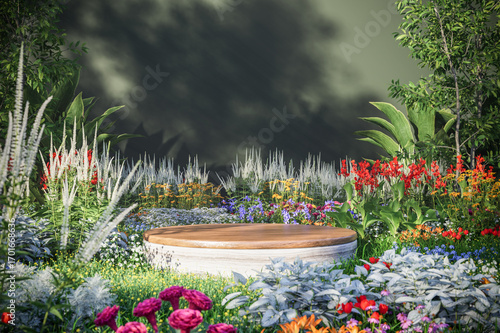 Minimalist Wooden Podium in Natural Outdoor Garden for Product Display 3D Rendering