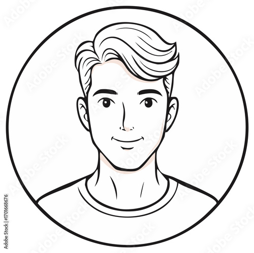 Line art portrait of a young man with styled hair, inside a black circle, minimal vector drawing, clean outline