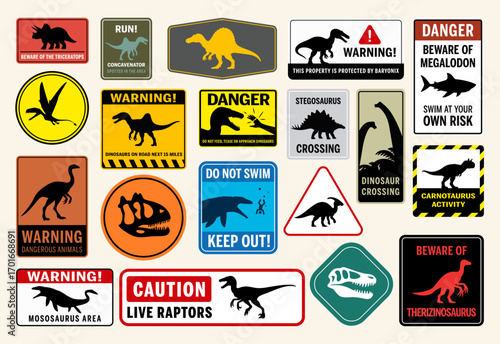 Set of dinosaur warning signs in various styles and colors. Includes silhouettes of prehistoric creatures like T. rex, raptors, mosasaurus, and stegosaurus with caution messages and danger symbols.