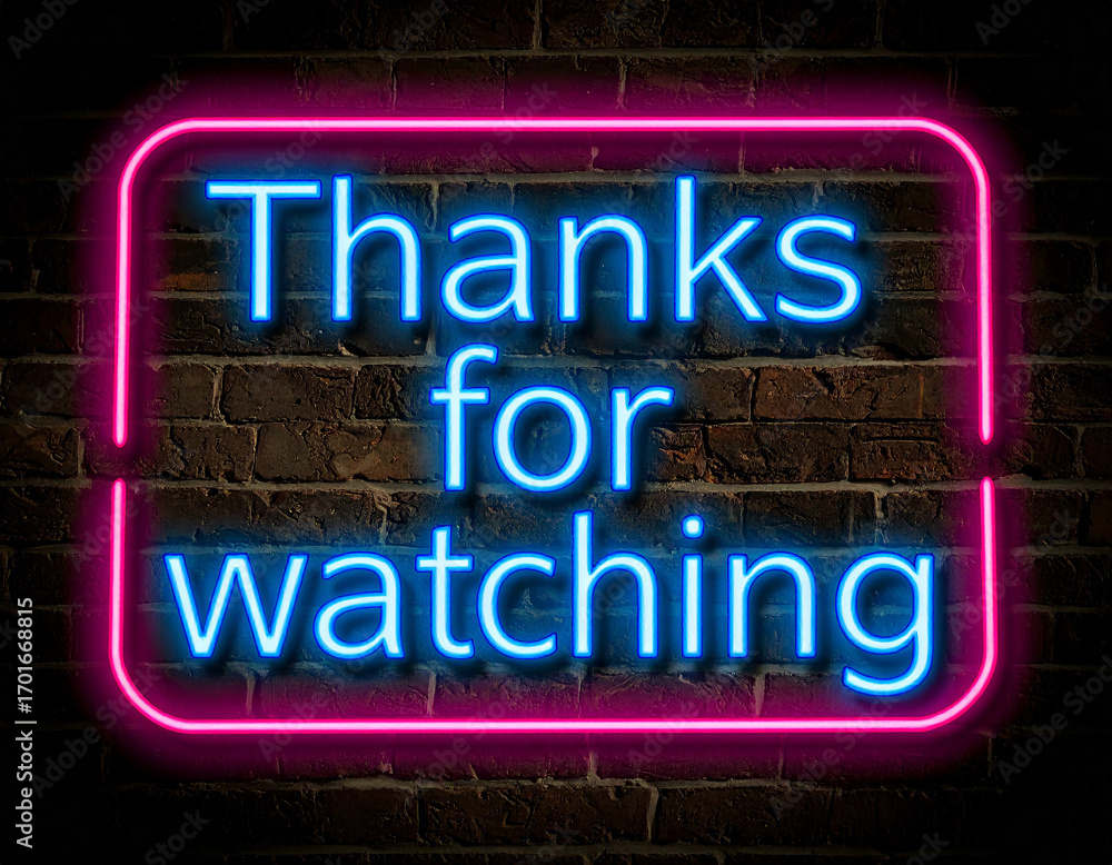 Obraz premium Bright blue neon text thanks for watching in pink frame neon sign pink neon