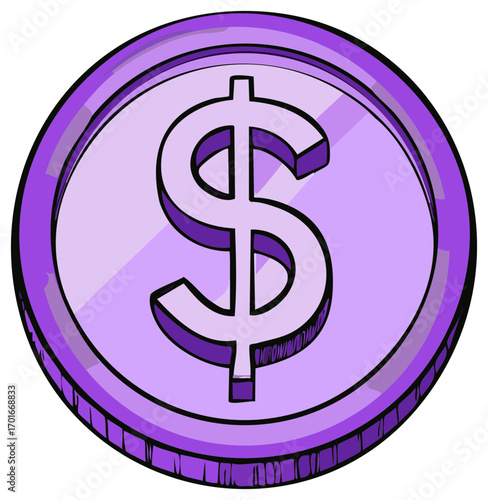 Cartoon Style Purple Coin Featuring a Dollar Sign Illustration Vector Graphics