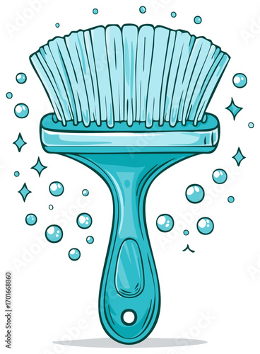 Cartoon illustration of a cleaning brush with soap bubbles and stars