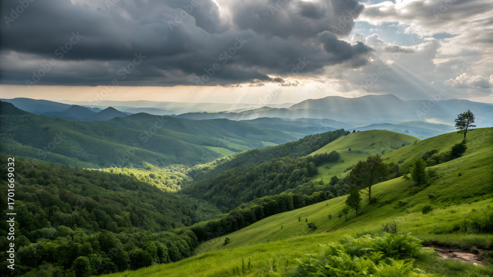 Naklejka premium Lush green rolling hills stretch towards distant horizon under dramatic sky