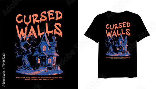 Cursed Walls Halloween streetwear t-shirt design, scary House halloween t shirt design, halloween streetwear graphic t shirt designs, house spooky artwork vector, clothing design for print