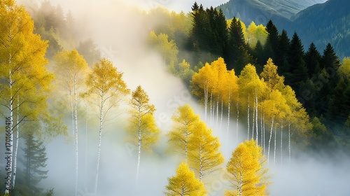 Golden Birch Forest In Mist, Autumn Landscape With Mountain Background