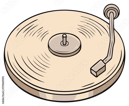 Vintage beige record player turntable with vinyl record and tonearm cartoon illustration