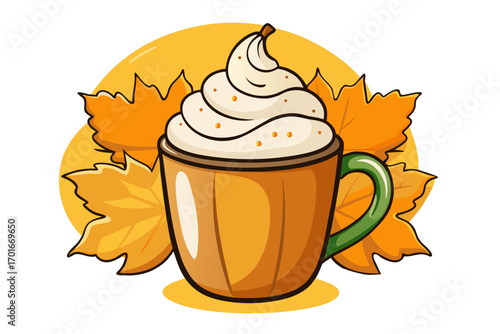 Vector illustration of pumpkin spice latte in glass mug with whipped cream, sprinkled with cinnamon, surrounded by yellow autumn leaves, cozy warm seasonal drink isolated on white background.