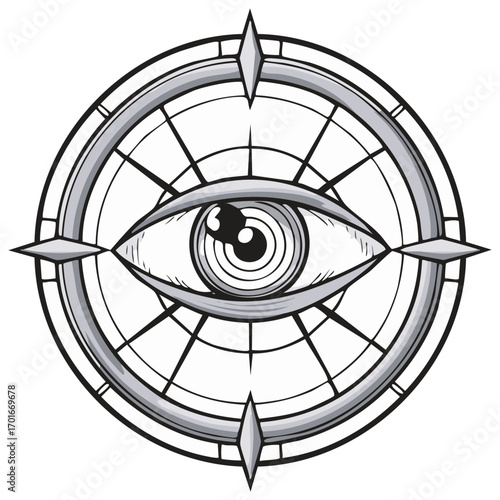 Ornamental Eye Symbol in Circular Grid Motif Grayscale Vision Design