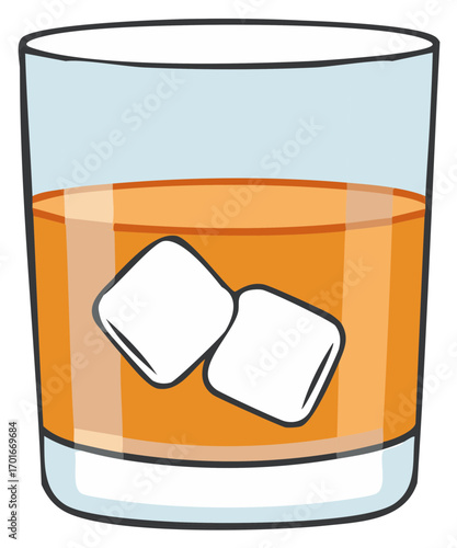 Whiskey or bourbon on the rocks illustration glass of amber liquor with ice cubes