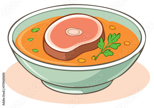 Delicious soup with meat and herbs in a bowl, cartoon style.
