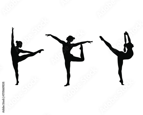 Three elegant female ballet dancers in silhouette striking graceful poses on a white background showcasing flexibility and poise
