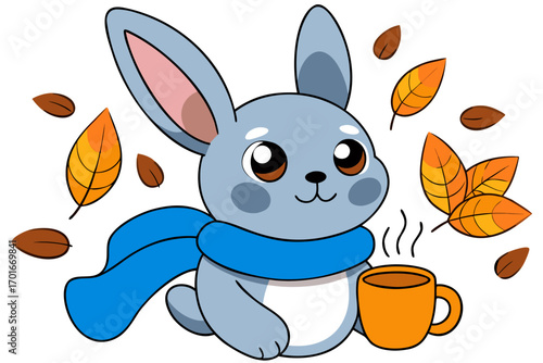 Cute little bunny in warm scarf and knitted hat holding a cup of hot coffee, kawaii vector illustration, cozy autumn vibes with falling leaves, adorable seasonal artwork isolated on white background.