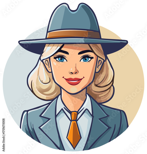 Stylish blonde woman in gray suit and fedora hat a confident business professional cartoon avatar