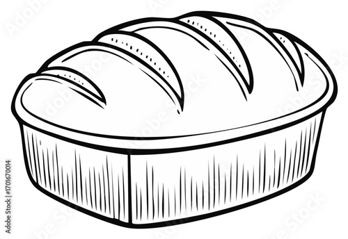 Illustration of a loaf of bread baked in a metal tin, black and white.