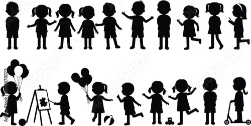PrintSilhouette of Children Playing, Holding Balloons, Drawing, Riding Scooter and Having Fun at Kindergarten or Preschool Outdoor Activities