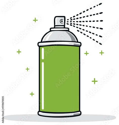 Illustration of a green spray paint can with spray effect and decorative crosses.