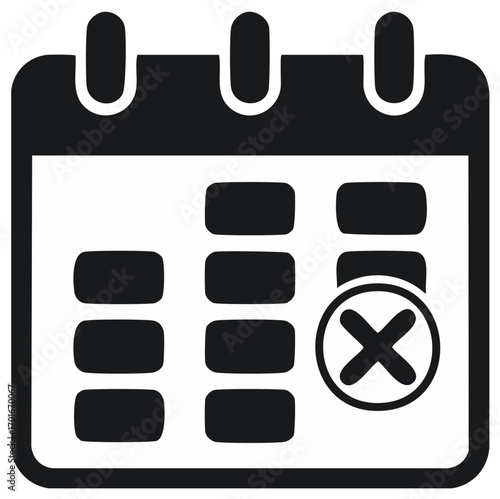 Black and White Calendar Icon with Cancelled Mark Signifying Appointment Cancellation or Schedule Change, Agenda Reminder