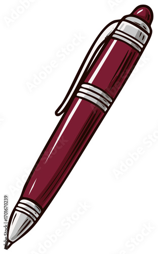 Burgundy pen illustration with silver accents, writing instrument, stationery for office work or creative projects