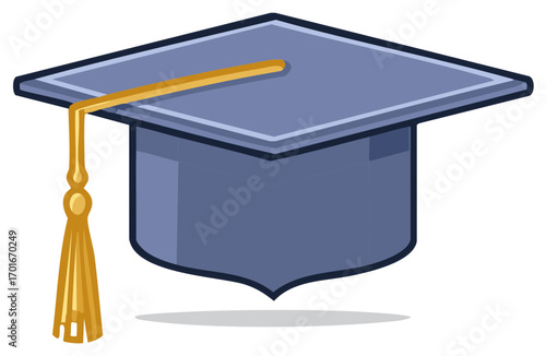 Illustrated blue graduation cap with gold tassel, academic dress symbol, diploma or university degree attainment, cartoon graduation hat