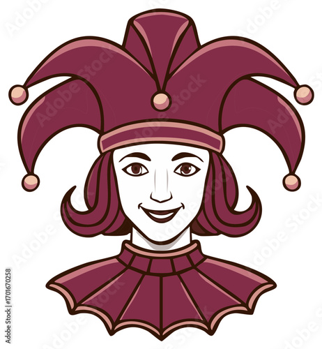 Vector illustration of a smiling jester character in a traditional maroon hat and collar